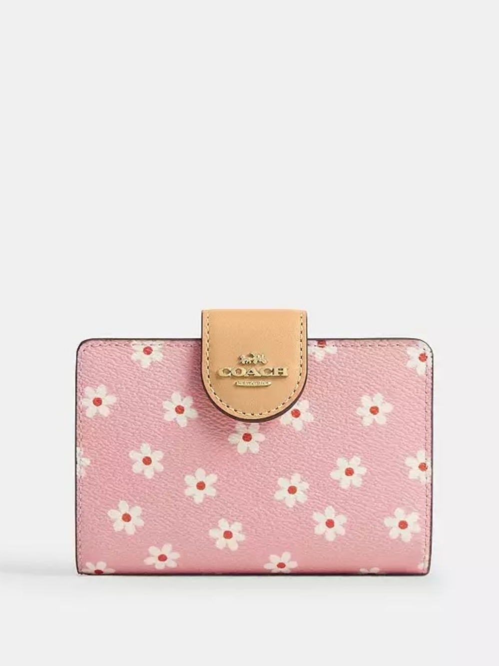 NWT! Coach Pink Floral Compact Snap Wallet with Tan Tab